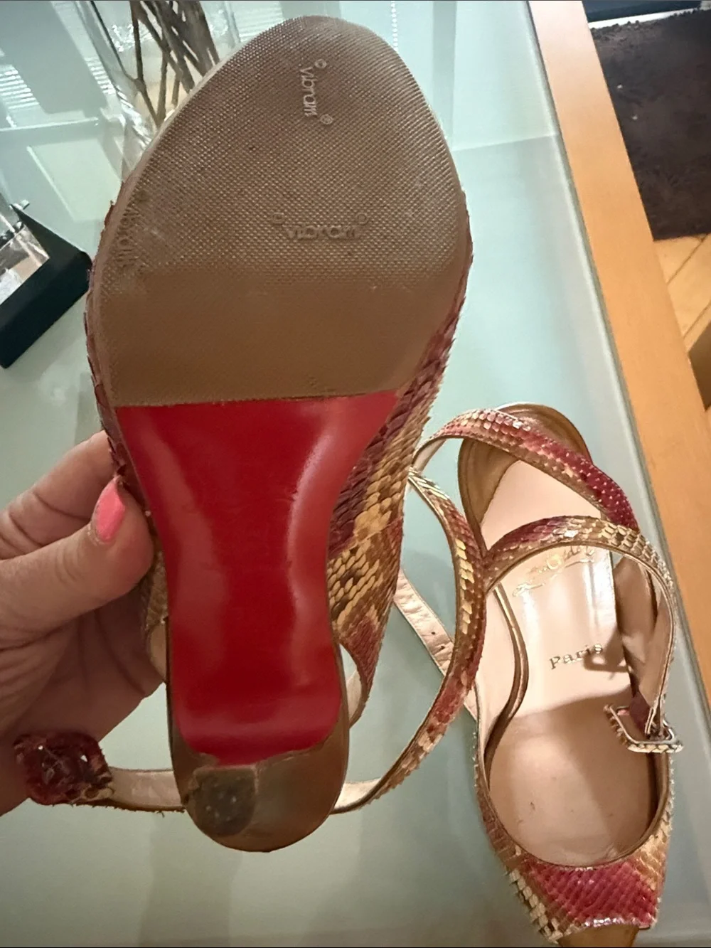 Christian Louboutin Red and Gold Snake-Embossed Peep-Toe Slingbacks